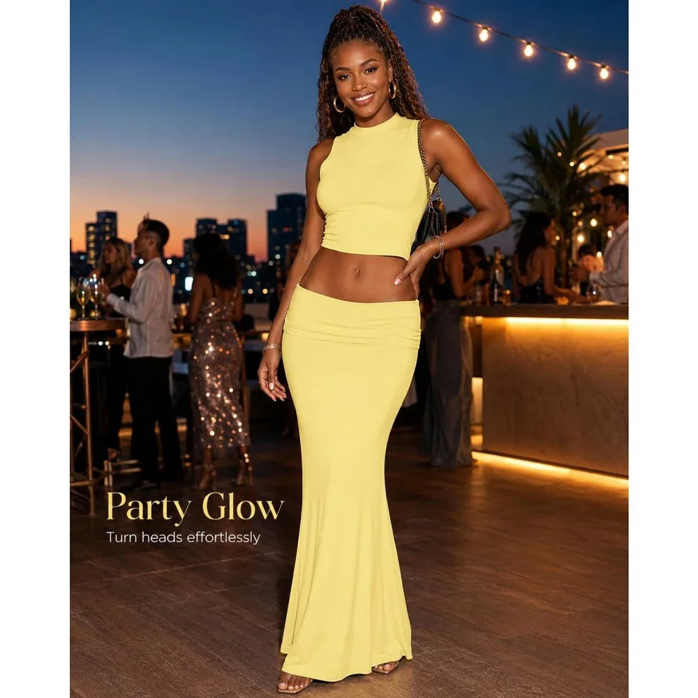 Skirt Women's Yellow Sets 2 Piece Outfits Sexy Two Pc Sleeveless Tank Crop Top M
